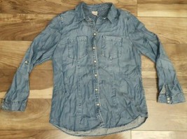 CHICO&#39;S Blue 100% Cotton Faux Denim Button Up Jean Long Sleeved Shirt Size 8/10 - £18.49 GBP