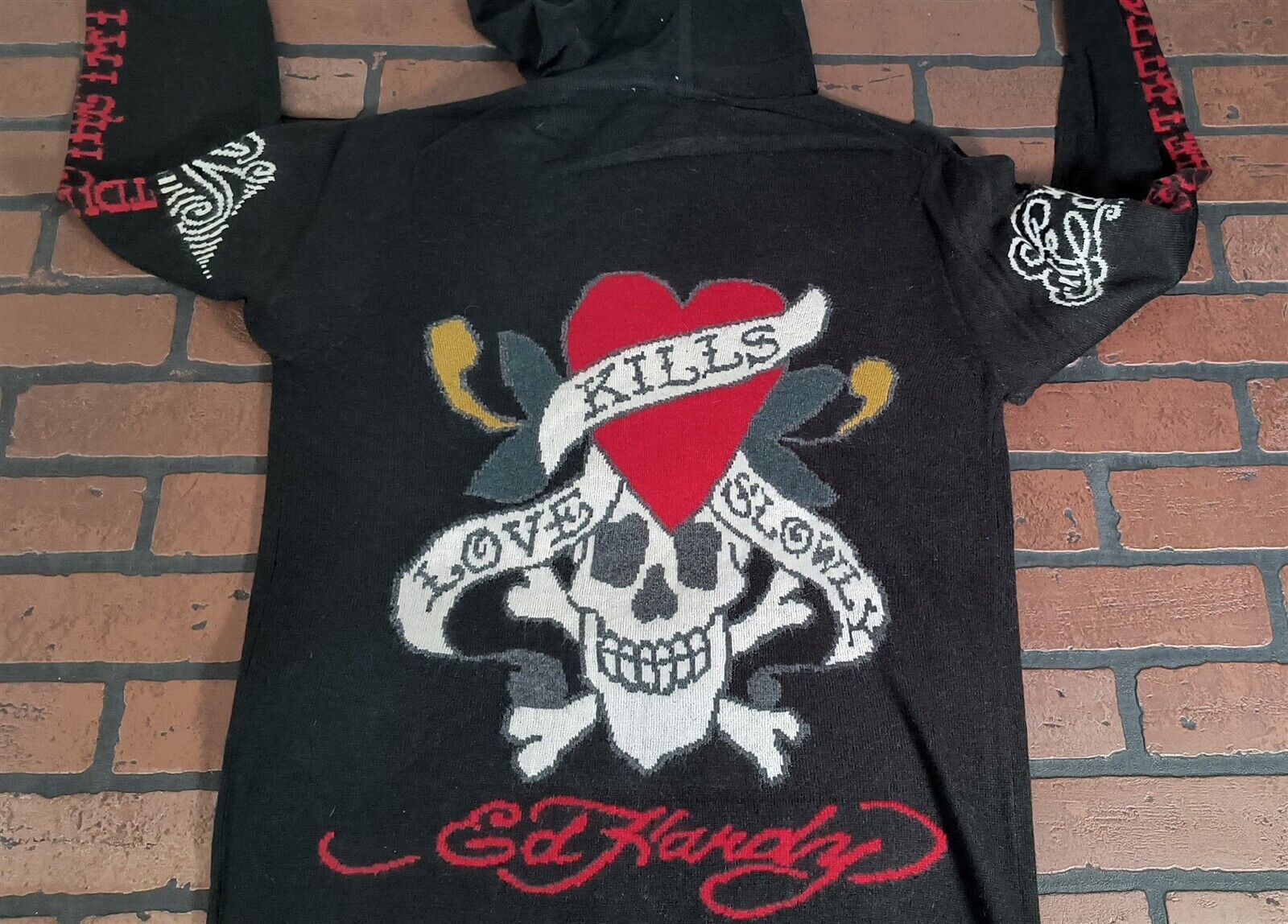 Ed Hardy By Christian Audigier-Love Kills Slowly Negro Cremallera Jersey ~ Vtg ~