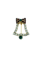 Goldtone Christmas Bell Pin Rhinestones Red Green Clear 1&quot; - $37.40 MXN