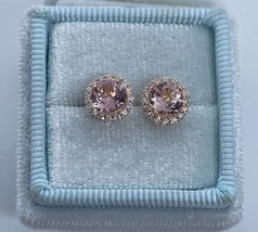 2.50Ct Round Cut Lab-Created Morganite Halo Stud Earrings 14K Rose Gold Plated - £89.67 GBP
