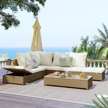 Patio 3-Piece Rattan Sofa Set All Weather PE Wicker Sectional Set -Natural Brown - £631.56 GBP