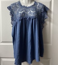 Rain Crochet Trimmed Cap Sleeve Blouse Womens Plus Size 3X Blue Boho Cottagecore - £13.92 GBP