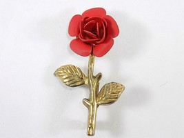 Brass Full Bloom Red Rose Brooch Pin Gold Tone Metal Rose Lapel Pin 1.5&quot; T - £6.32 GBP