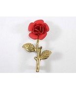 Brass FULL BLOOM RED ROSE BROOCH PIN Gold Tone Metal Rose Lapel Pin 1.5&quot; T - £6.22 GBP