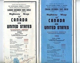 Highway Map Canada &amp; United States 1953 Eastern &amp; Western Sheets Travel Bureau - £14.00 GBP