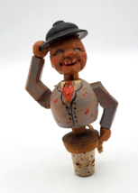 Vintage Anri Bottle Stopper Mechanical Wood Carved Man Tipping Hat Pull String - £12.15 GBP