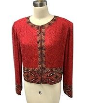 Vintage Laurence Kazar Red Silk Beaded Jacket Womens Large 80s  Evening - £34.25 GBP