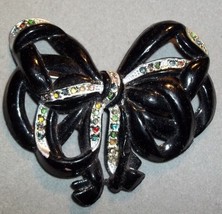 Unusual Large Vintage Black Plastic Ribbon Brooch Pin Multi Colored &quot;stones&quot; - £15.60 GBP