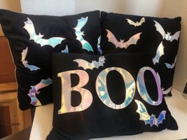 3 Halloween Holographic Iridescent Bats Boo Accent Throw Pillows Black Gothic - £73.62 GBP