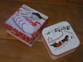 Estate Set Himark White &amp; Red Lacquer Winter Country Scene Sleigh Horse Coasters - £7.46 GBP