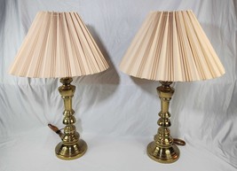2 Vintage Brass Candlestick Table Lamps 30&quot; Pleated Lampshades 3-Way 1980s - $83.22