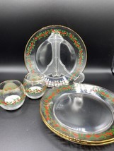 Vtg Libbey Holly Berries Christmas Ribbon 3 - 8&quot; plates 2 - 2 1/2 candle... - $29.68
