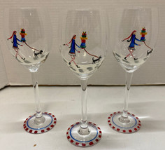 Hand Painted 15 oz. Wine Glass Woman Walking Dog Carrying Gifts Winter Set of 3 - £10.26 GBP