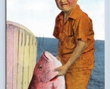 Enfant Avec Grand Poisson Portrait De Un Pêcheur Daytona Plage Fl Lin Po... - $4.04