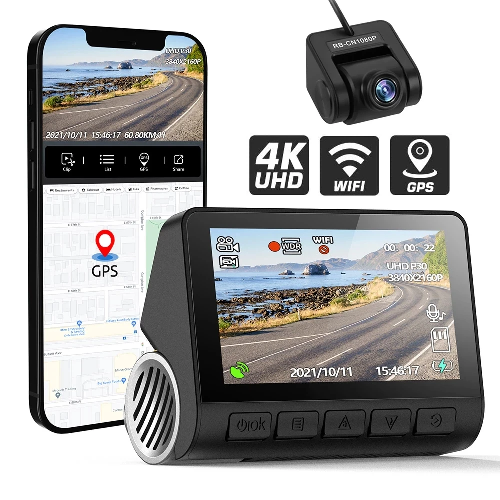 V55 Dashcam 4k with Gps Dual Lens Dash Camera Car Dvr 4k Wifi with App Front and - £186.65 GBP