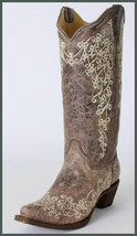 Ladies Corral Boots A1094 Brown Distressed Leather~Ivory Embroidery~Snip Toe - £177.77 GBP