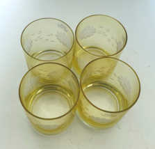 Double Old Fashioned Whiskey Glasses Yellow with Floral Etching Man Cave Four - £18.55 GBP