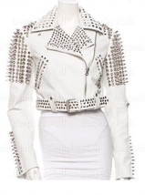 New Women&#39;s White Punk Silver Metallic Spiked Studded Real Leather Jacket-902 - £311.68 GBP