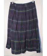 Vintage Virgin Wool Tartan Navy Blue Shamrock Green pleated skirt waist 28&quot; - £39.23 GBP