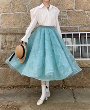 Light BLUE Pleated Tulle Skirt Blue Skirt Party Outfit Puffy Midi Tulle Skirts image 1