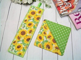 Handmade &quot;SUNFLOWERS &#39;n DOTS&quot; 2 Fabric Bookmarks - Gift Idea, Stocking Stuffer  - £6.37 GBP