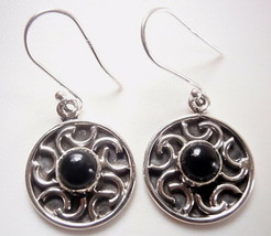 Black Onyx Accented Circle 925 Sterling Silver Dangle Earrings - £14.25 GBP