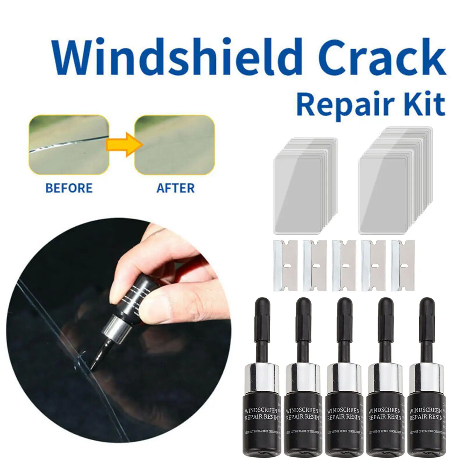 Universal Windshield Crack Repair Kit - 5 Pieces Set - £15.25 GBP