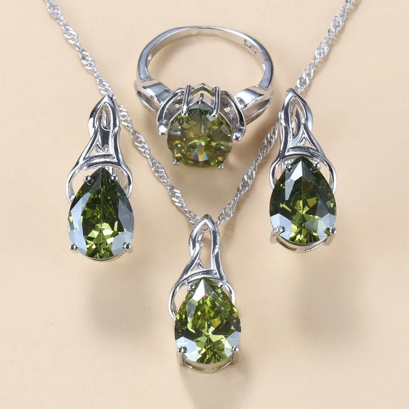 Unique Water Drop Olive Green Zircon 925 Mark Jewelry Sets For Women Trendy Acce - £19.52 GBP