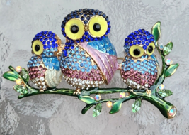 Austrian Crystal and Enamel Owl Family Goldtone Brooch **So cute** - £11.14 GBP