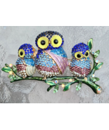 Austrian Crystal and Enamel Owl Family Goldtone Brooch **So cute** - £10.97 GBP