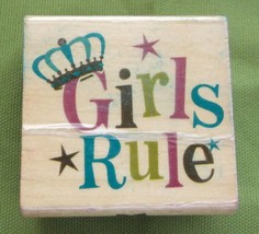 Girls Rule Rubber Stamp Wood Mounted 2&quot; x 2&quot; Pre Owned - £2.37 GBP