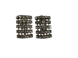 Vintage Silver Tone Rhinestones Sparkle Clip On Earrings Rectangle Shape - £21.96 GBP