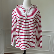 L.L. Bean 501247 Red Stripe Retro French Nautical Lace Front Hooded Shirt M - $18.72