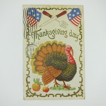 Thanksgiving Postcard Wild Turkey Carving Knife Fork Gold Embossed Antique 1908 - £7.98 GBP