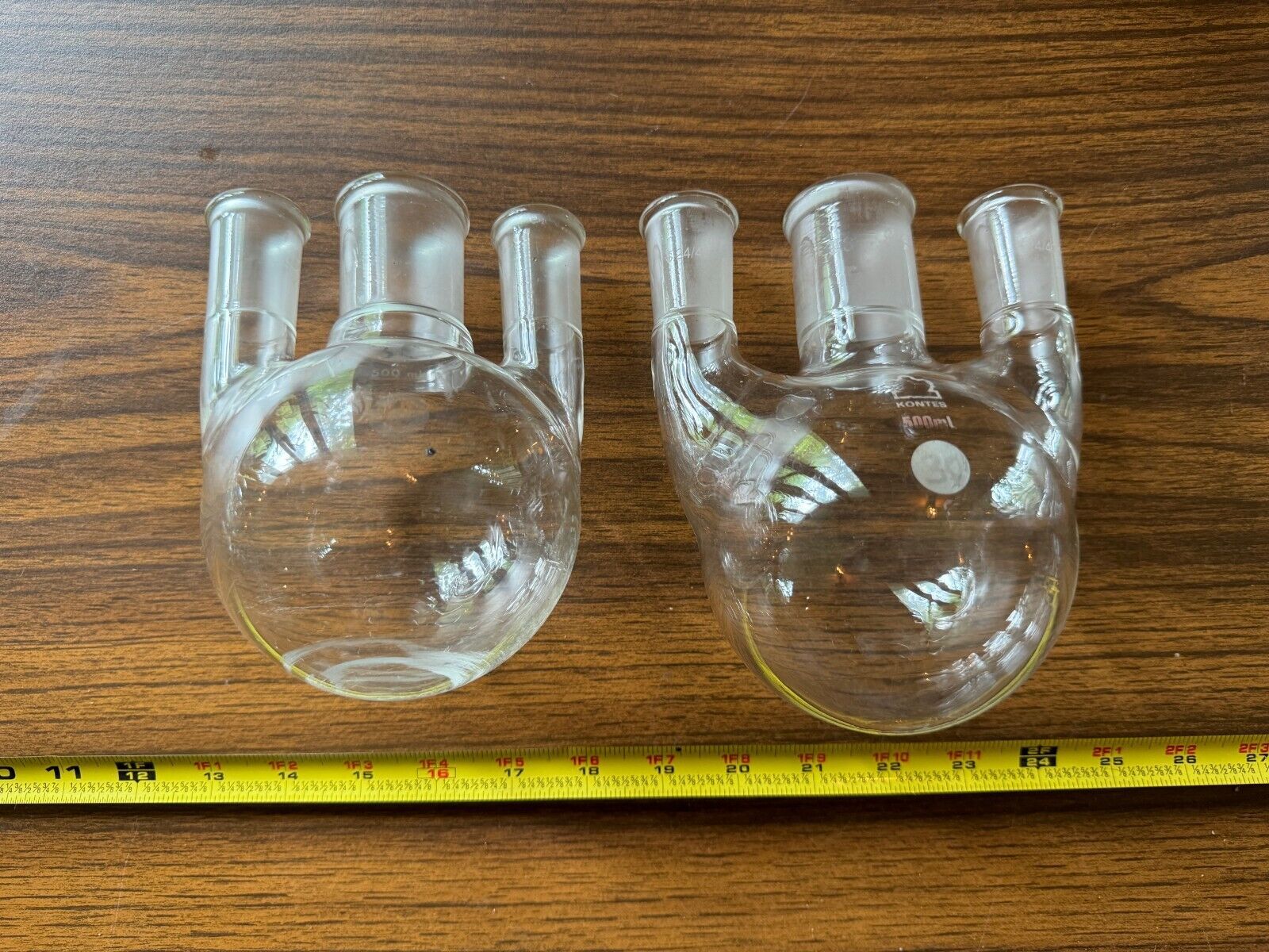 Pair 2 Kontes Pyrex Glass 500mL 24/40 3-Neck Round Bottom Flask - $76.41