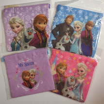 NIP 4pc Disney FROZEN Anna, Elsa, Olaf, Kristoff Mini Cinch Cloth Makeup Bag - £16.13 GBP