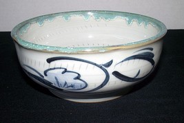 Handmade Bowl Pottery Art Teal Crafted Spiral Dish Blue Floral Hand Painted Drip - £21.27 GBP