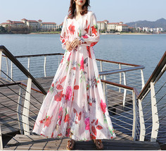 Summer Floral Chiffon Dress Women Custom Plus Size Loose Fitting Flower ... - £46.38 GBP