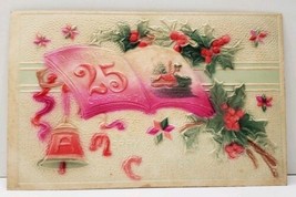 Merry Christmas Embossed Airbrushed Holly Bells Ribbon Book Postcard F10 - £6.28 GBP