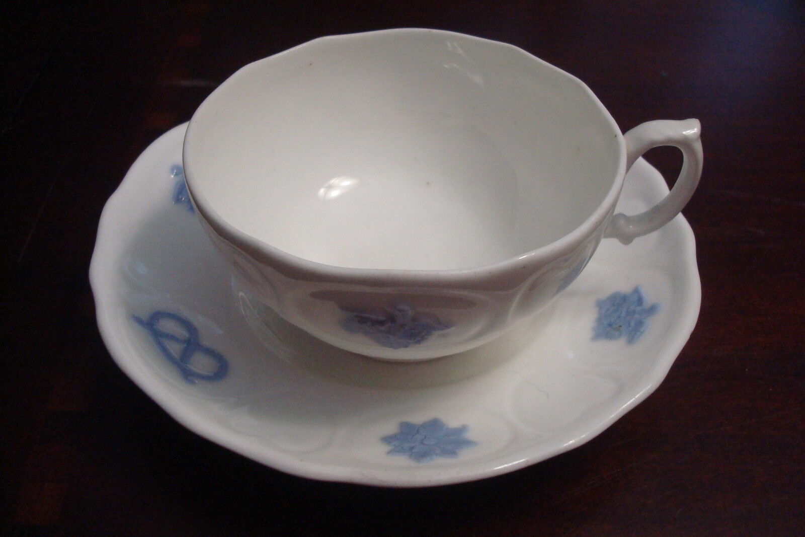 Primary image for Old English cup and saucer white glaze ceramic with light purple relief [89c]
