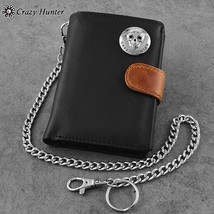 skull Conchos Man Biker Genuine Leather Snap Card Holder Wallet with chain - £64.26 GBP