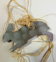 Hand Cut Running Bunny Rabbit Metal with Raffia Bow and  Hanger Ornament - £11.11 GBP