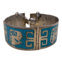 Mexico 925 Sterling Silver Crushed Turquoise Inlay Greek Key Bracelet READ - £106.57 GBP
