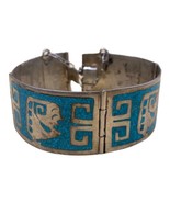 Mexico 925 Sterling Silver Crushed Turquoise Inlay Greek Key Bracelet READ - £93.41 GBP