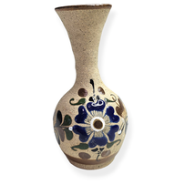 Pottery Vase Tonala Mexico Blue Floral Brown Hand painted Small 5.5 Inch... - $14.83