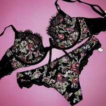 Victoria&#39;s Secret unlined 38B BRA SET BLACK hot pink floral applique embroidered - £55.26 GBP