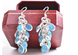 Uva Ramo Aqua Marina Handcrafted Rodio Pulido Elegante Pendientes Largos - £24.50 GBP