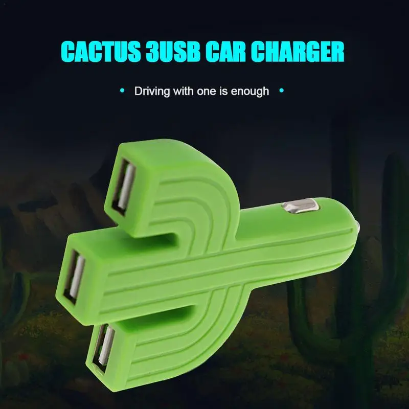 Cute Cactus 3 USB Port Mini Car Charger - Stylish ABS Material, Fast Charging - $14.26