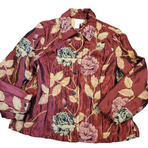 Y2K Medium Red Metallic Floral Tapestry Evening Jacket Brocade Burgundy ... - $33.69