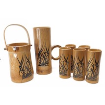 Set 8 Tiki Bar Barware Wood Bamboo Jug Ice Bucket Tumblers Hand Painted Vintage - $69.27